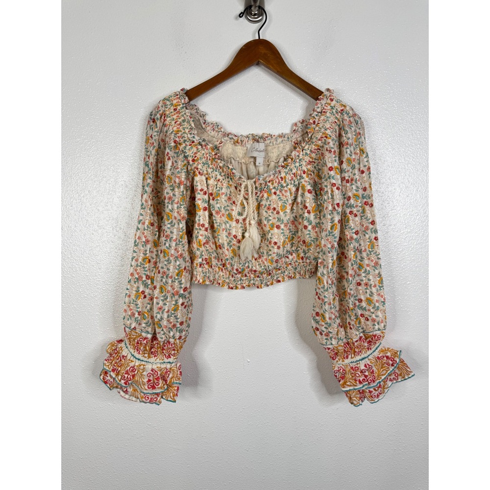Cleobella Organic Cotton Floral Crop Top Smocked Balloon Sleeve Boho Womens M